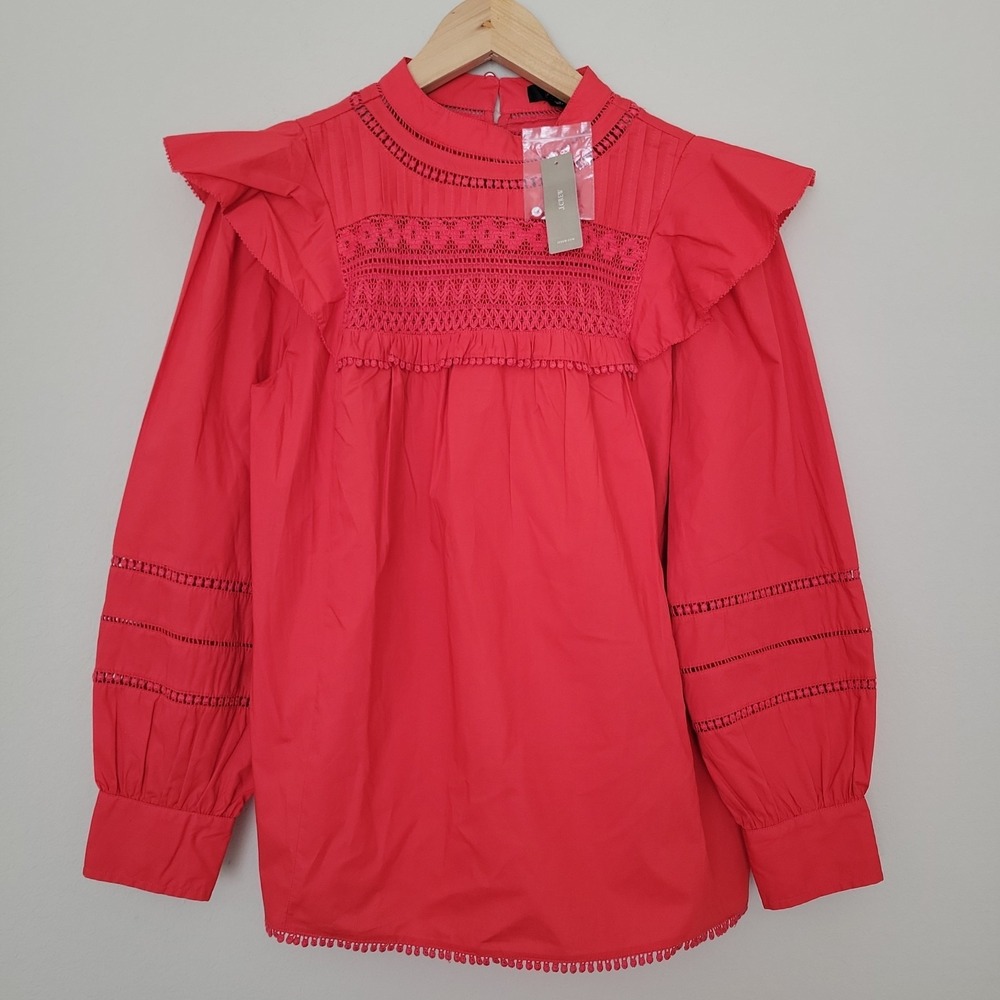 J. Crew Crocheted Lace Ruffle Top Womens Sz XS Red Orange Cottagecore New Cotton